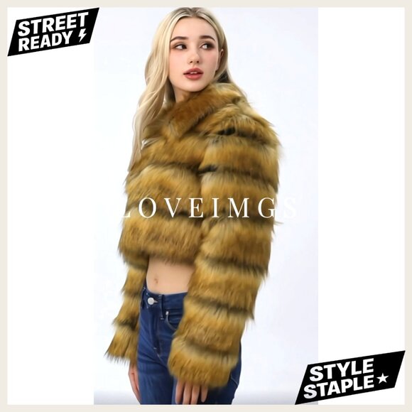 Women's Fluffy Faux Fur Cropped Jacket Zip Up Winter Warm Puffer Coat - Picture 6 of 7